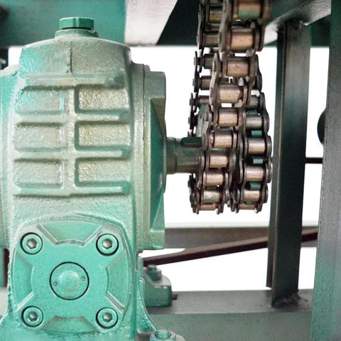 Close-up of the high torque motor and chain drive of Badass Heavy Duty Electric Tube Pipe Bender Precision Roller Press.