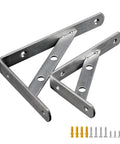 Rock Solid 2 Pack Triangle Shelf Brackets Crafted From Heavy Duty Stainless Steel featuring a slick brushed silver finish and mounting holes.