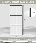 Size chart for 36 Inch By 84 Inch Glass Sliding Barn Door With Black Aluminum Frame And Clear Tempered Glass, 3 Panel Modern French Style