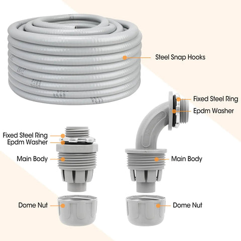 100 Ft Liquid Tight Conduit And Connector Kit with fittings, steel snap hooks, fixed steel ring, and dome nut, shown in parts.