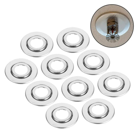 Top Shelf Adjustable Fire Sprinkler Cover Plates 10 Pack Double Layer Escutcheon Ceiling Kit, silver with open center for pipe.