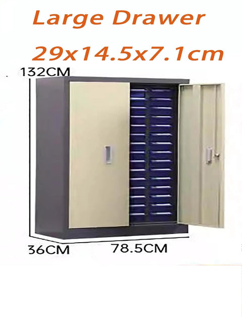 Tough Build Impact Resistant Stainless Steel Hardware Cabinet Featuring Six Spacious Drawers With Adjustable Shelves And Non Slip Base, large drawer dimensions shown.