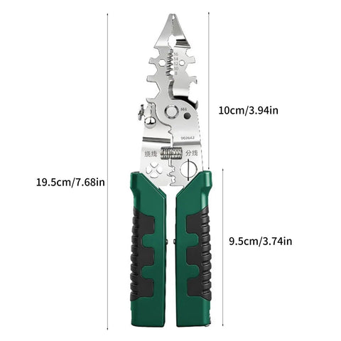 Multifunction Wire Stripping Pliers With Voltage Tester Electrician Crimping and Cable Cutting Tool shown with measurements