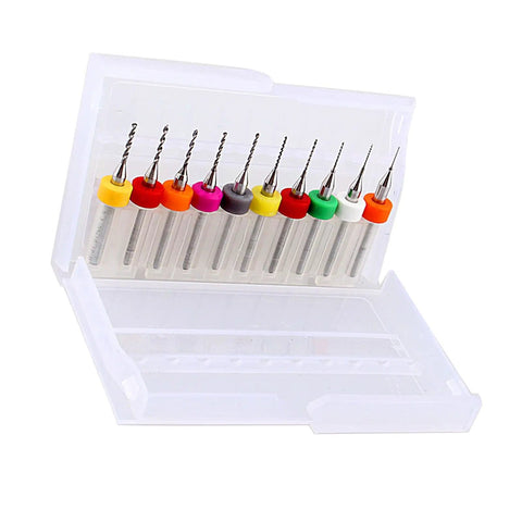 10 Piece Micro Drill Bit Set Tungsten Carbide Precision Bits for PCB Engraving in case, showing color-coded handles and sharp points.
