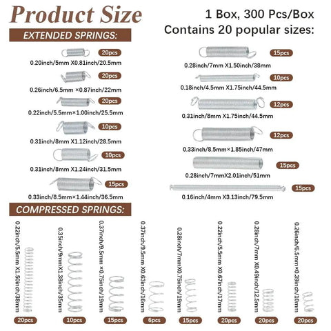 300Pcs Extension And Compression Spring Assortment Kit With 20 Sizes Carbon Steel Small Metal Springs for repairs