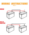 Wiring instructions showing tandem and parallel connections for Heavy Duty 4 Awg Battery Cables With Tinned Pure Copper Core.