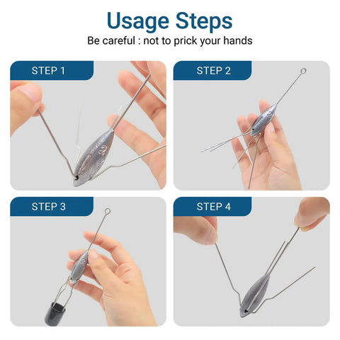 Steps showing how to handle and use 5 Pcs 2 Oz Lead Sinker Weights for Surf and Saltwater Fishing with stainless steel legs.