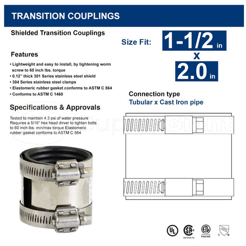 Shielded Transition Coupling For 1-1/2 Inch Tubular To 2 Inch Cast Iron Plastic Or Steel Pipes, Heavy Duty, Rigid Joints, Wide Range Of Pipe Connections.