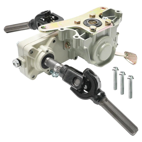 Beefed Up Reverse Gearbox For 4x4 ATV Quad Go Kart And Trike 150cc To 300cc Engine Transfer Case With Forward And Backward Drive Converter Easy Install Off Road Transmission Upgrade, shown with input and shaft details.