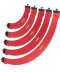 Tough Aluminum Router Templates Set Of 5 Radius Jigs R100 R150 R200 R250 R300 for precise wood shaping, shown in red.