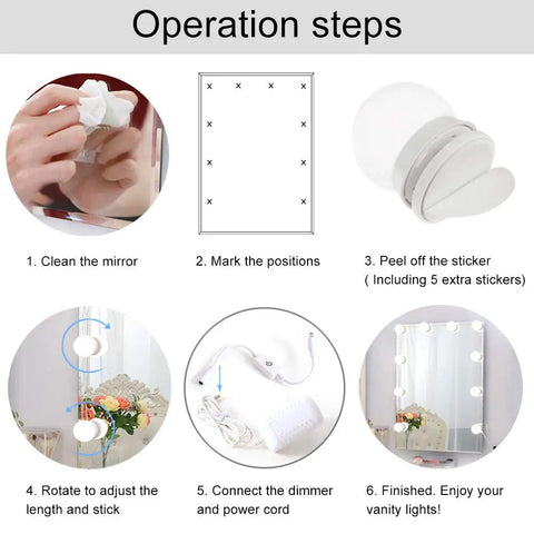 Installation steps for Hollywood Style LED Vanity Lights Kit With 14 Dimmable Bulbs And AC Adapter Stick On Makeup Lights.