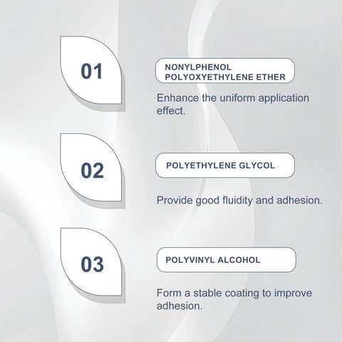 Nonylphenol Polyoxyethylene Ether, Polyethylene Glycol, Polyvinyl Alcohol details on a white background.