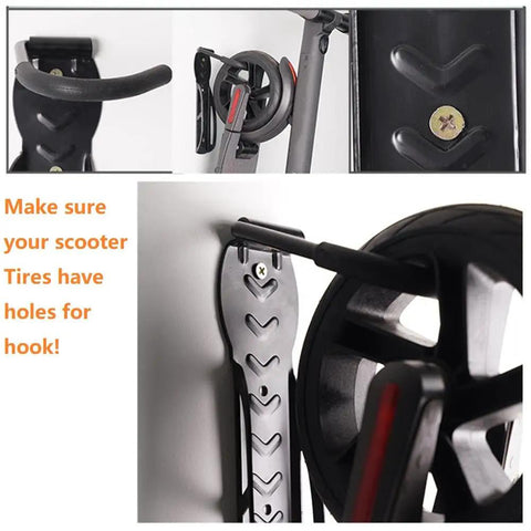 Heavy Duty Electric Scooter Wall Mount Rack With Bulletproof Vertical Hook Holder For Garage Or Shed Storage Space Saver mounted on wall with scooter tire.
