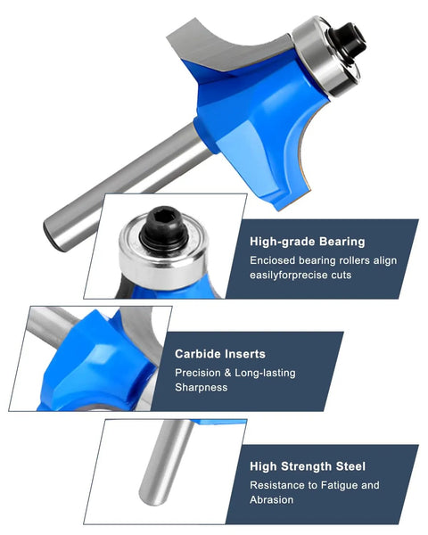 7 Piece Roundover Router Bit Set With One Quarter Inch Carbide Bits And One Half Inch Shank Adapters showcasing bit details