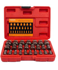 25 Piece Screw And Bolt Extractor Set For Removing Broken Studs And Stripped Fasteners With Hex Head Multi-Spline And Rounded Removers For Bolts Nuts Screws And Fittings Perfect For DIY Pros in red plastic case