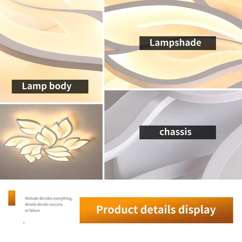 Product details display of Dope Modern LED Ceiling Light Dimmable Flower Shape Flush Mount 9 Head Acrylic Petals Chandelier Lighting