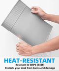 Person holding Gray Soldering Mat Heat Resistant 932 Fahrenheit With Scale Ruler And Screw Position Markers, showing heat resistance.