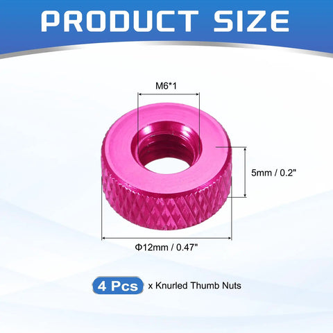 Slick Rolling Knurled Thumb Nuts 4 Pack M6 Thread Aluminum Handle Fasteners With Tough As Nails Grip And Peach Red Finish showing dimensions.