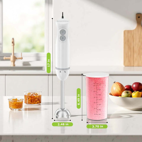 Kickass Two Speed Handheld Immersion Blender With Stainless Steel Blades Adjustable Mixing Speeds For Crushing Smooth Soups And Creamy Baby Food Purees Quick Kitchen Tasks on kitchen countertop measuring 17in height.