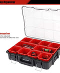 Deep Tool Box Organizer For Small Parts, Heavy Duty Storage Chest with Removable Inner Cups, metal buckles, open lid view