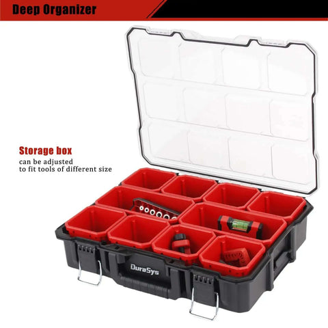Deep Tool Box Organizer For Small Parts, Heavy Duty Storage Chest with Removable Inner Cups, metal buckles, open lid view