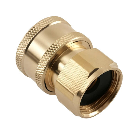 Close-up of the Two Gun Pressure Washer Splitter Tee, Three Eighth Inch Brass Quick Connect Fitting viewed from the side.