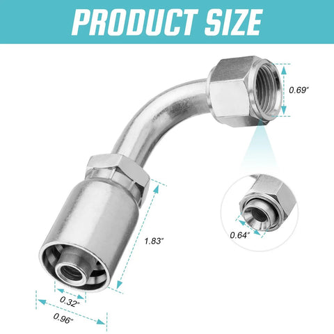 10 Pack Half Inch Hydraulic Hose Fittings 90 Degree JIC 37 Degree Female End Elbow Crimp Fittings, carbon steel, dimensions shown.