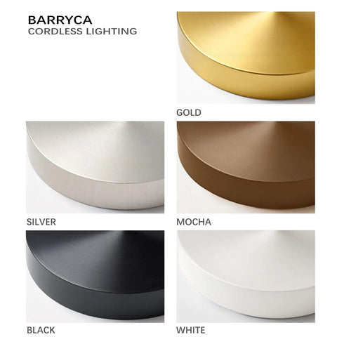Color options for Barryca Cordless Lighting lamps: gold, silver, mocha, black, white. Two Pack Cordless Rechargeable Table Lamps