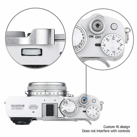 Deluxe Metal Thumb Up Grip for Fuji X100V camera mounted on hot shoe, showing secure hold and non-interfering controls