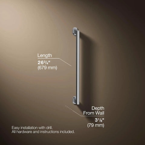 Rock Solid 24 Inch Wall Mounted Grab Bar For Bathroom Safety 26⅝ inch length and 3⅛ inch depth wall handrail guide.