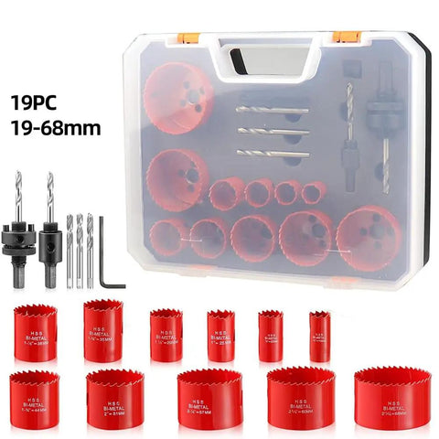 Raxmolo Heavy Duty Hole Saw Kit For Metal Wood And Plastic Drilling With 19 To 68mm Bi Metl Blades Including Multiple Sizes For Installing Locks And Knobs Perfect For Home Reno Projects. 19pc kit in case with red bi-metal hole saws
