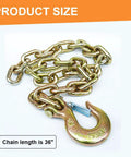 Ultimate 5th Wheel Trailer Safety Towing Chain Kit For Universal Connection Fits Rail Or Gooseneck Setups Heavy Duty Safety Chains With 24000 Pound Capacity Built For Tough Tows, showing 36-inch chain with hook.