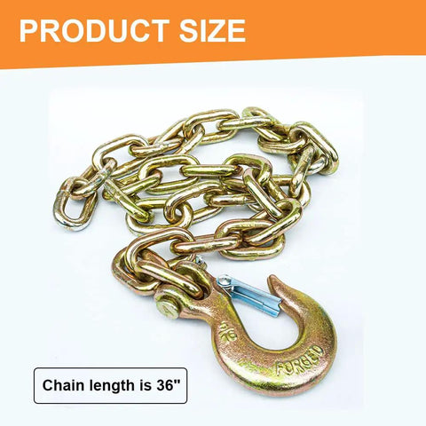 Ultimate 5th Wheel Trailer Safety Towing Chain Kit For Universal Connection Fits Rail Or Gooseneck Setups Heavy Duty Safety Chains With 24000 Pound Capacity Built For Tough Tows, showing 36-inch chain with hook.