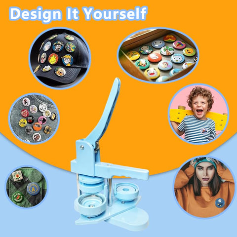 Light-blue 58mm button maker machine with DIY kit, 3rd Gen lever design.