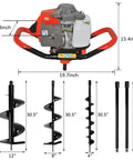 Gas Powered 72cc Post Hole Digger Earth Auger With 4 Inch 8 Inch 12 Inch Drill Bits Plus Two Extension Bars, dimensions labeled