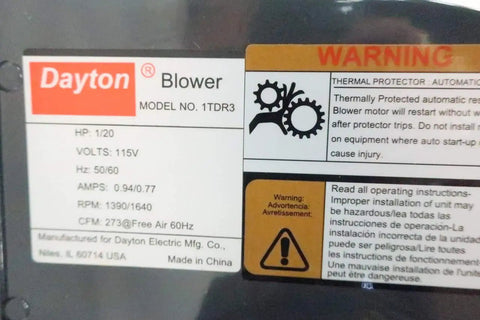 Heavy Duty General Purpose Blower With 273 CFM Output And 1640 RPM Speed model details and warning label
