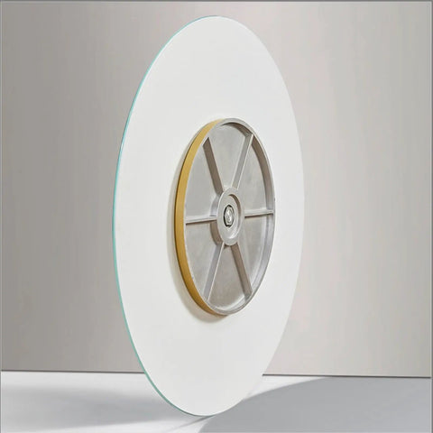 Glass Lazy Susan With Durable Metal Base 360 Degree Rotation Smooth Silent Bearings Heavy Load Capacity Ideal For Family Dinners Parties Buffets And Tabletop Serving 78cm 30.7in with metal base detail.