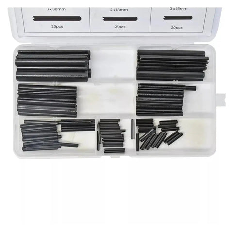 120 Piece Roll Pin Set Kit For Quick No Fuss Fastening Elastic Cylindrical Cotter Pins Hollow Positioning Pins Slotted Spring Pins Carbon Steel Assortment For Machinery Auto Farm And Furniture Easy Install Burr Free in an open case showing various sizes and black finish.