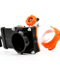 Rhino Blaster Pro Holding Tank Rinser with Gate Valve for RV Sewer Cleanup, close-up view showcasing orange valve and clear pipe.