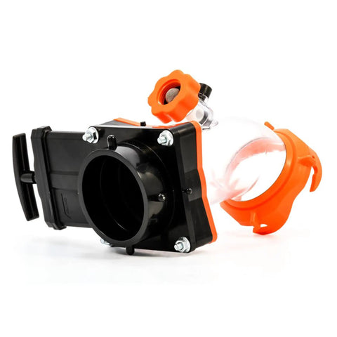 Rhino Blaster Pro Holding Tank Rinser with Gate Valve for RV Sewer Cleanup, close-up view showcasing orange valve and clear pipe.
