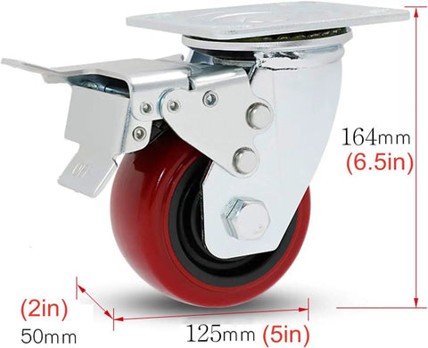 Heavy Duty Swivel Casters That Glide Like Butter On Trolleys And Workbenches In This 4 Pack Set featuring red polyurethane wheel and galvanized bracket.