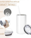 Game Changer 16 Pack Skinny Sublimation Tumblers With Lids And Straws 12 Oz Double Wall Stainless Steel Cups showing interior and lid details.