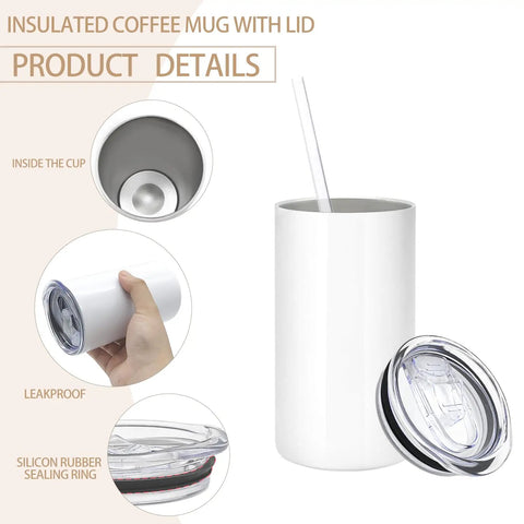 Game Changer 16 Pack Skinny Sublimation Tumblers With Lids And Straws 12 Oz Double Wall Stainless Steel Cups showing interior and lid details.