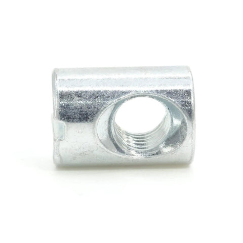 Top Tier Replacement Cross Dowel Barrel Nuts Compatible With Ikea Part 100514 For Crib And Bunk Bed Frames close-up of silver zinc plated nut