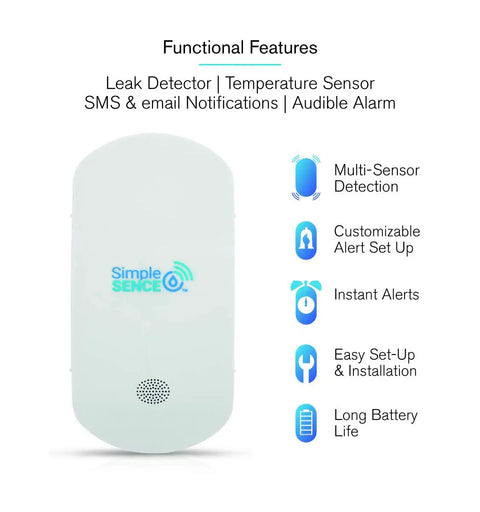 Smart WiFi Water And Freeze Detector With 80dB Audible Alarm Text And Email Alerts Continuous Home And Investment Property Monitoring Two Year Battery Life With Replaceable AAA Batteries displaying features