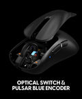 Featherweight Wireless Gaming Mouse Featuring A Snug Compact Profile And Buttery Smooth Tracking For Right Hand Palm Players with exposed optical switch and Pulsar blue encoder.
