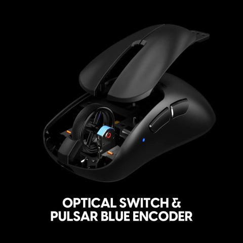 Featherweight Wireless Gaming Mouse Featuring A Snug Compact Profile And Buttery Smooth Tracking For Right Hand Palm Players with exposed optical switch and Pulsar blue encoder.