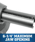 Multi-Purpose Bench Vise With 6-1/2 Inch Jaw Width And 6-1/4 Inch Opening, 3-1/4 Inch Throat, 360 Degree Rotating Head, Indexed At 30 Degree Increments, Replaceable Hardened Steel Jaws, Built-In Anvil, Serrated Jaws For Secure Grip showing 6-1/4 inch jaw opening scale