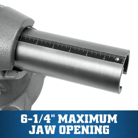 Multi-Purpose Bench Vise With 6-1/2 Inch Jaw Width And 6-1/4 Inch Opening, 3-1/4 Inch Throat, 360 Degree Rotating Head, Indexed At 30 Degree Increments, Replaceable Hardened Steel Jaws, Built-In Anvil, Serrated Jaws For Secure Grip showing 6-1/4 inch jaw opening scale