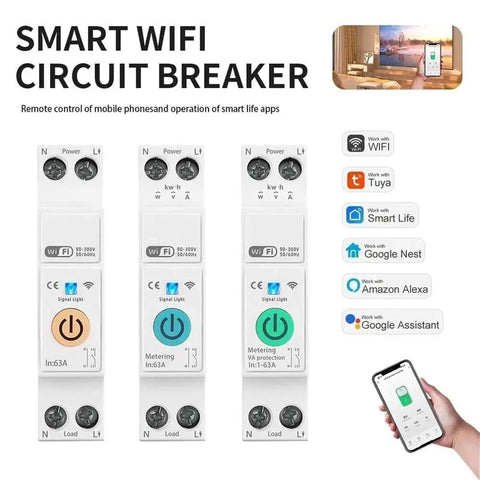 Smart WiFi Circuit Breaker 63A DIN Rail Remote Control Switch With Metering For Home Automation Voice Activated Dual Thermal Magnetic Protection And Rapid Fault Interruption showing three DIN rail modules
